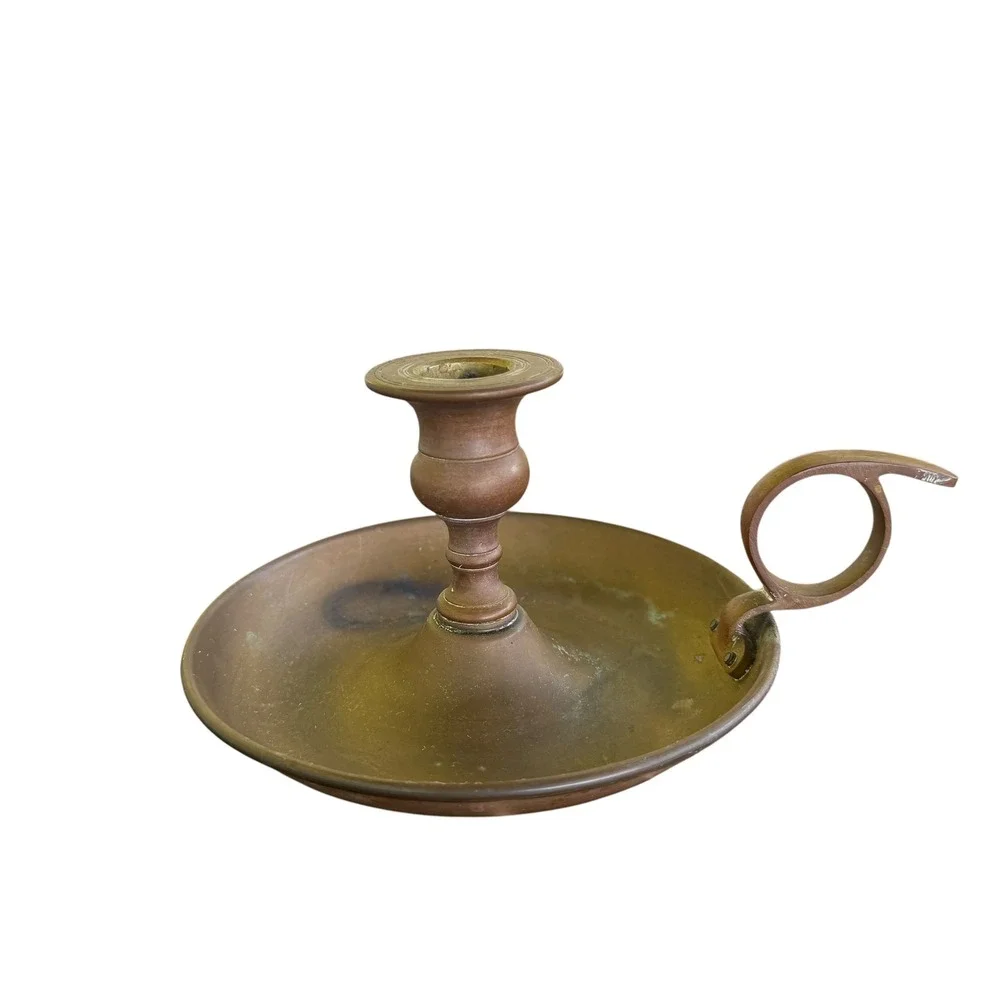 Vintage Brass Chamberstick Candle Holder Finger Loop Saucer Base Taper Antique